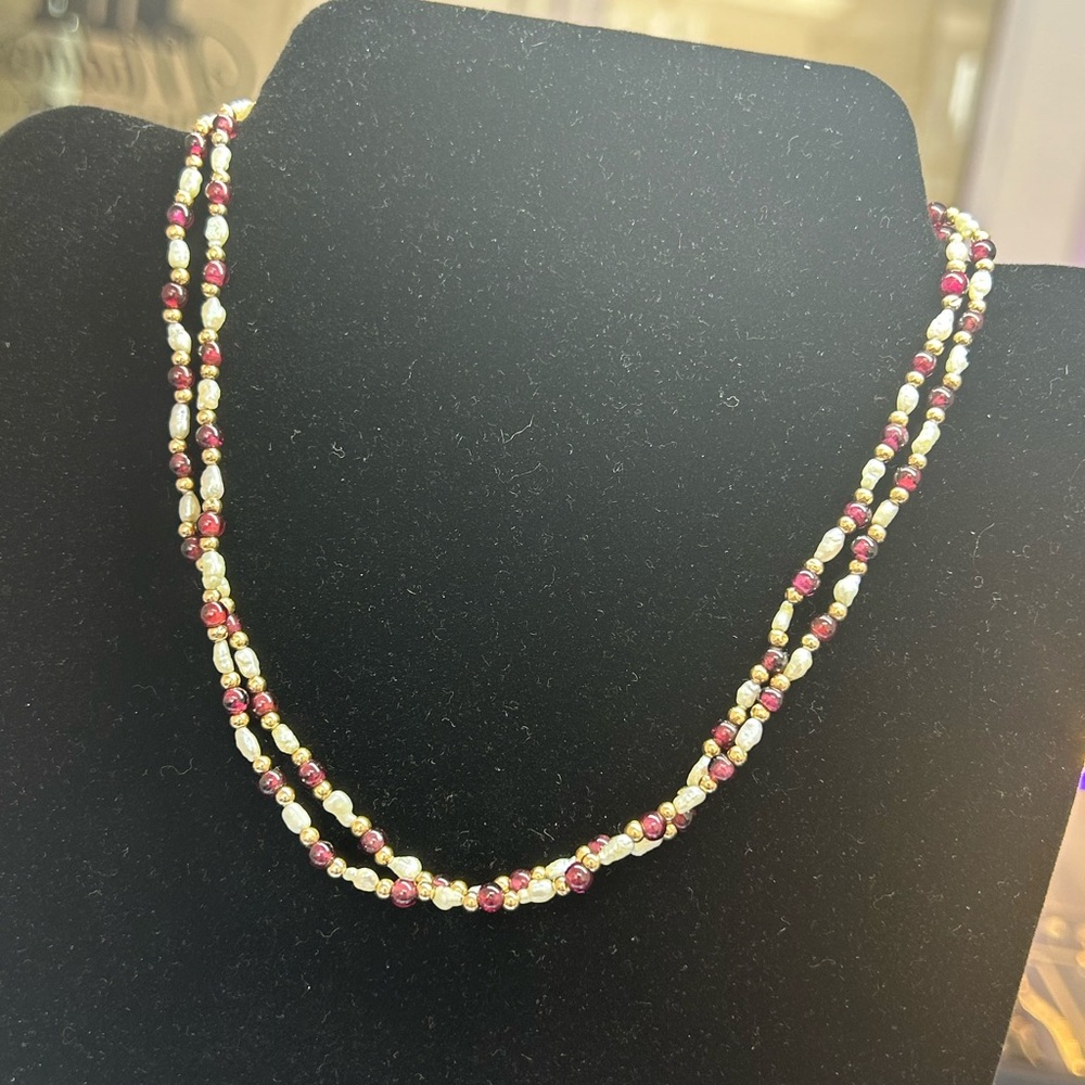 14kt Yellow Gold Bead, Pearl & Garnet Necklace